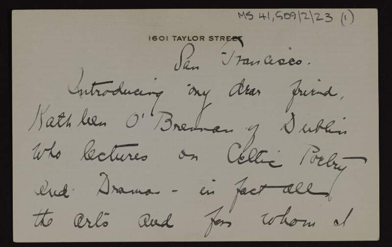 Letter of introduction for Kathleen O'Brennan from Sara Bard Field to [Cemas Prichat],