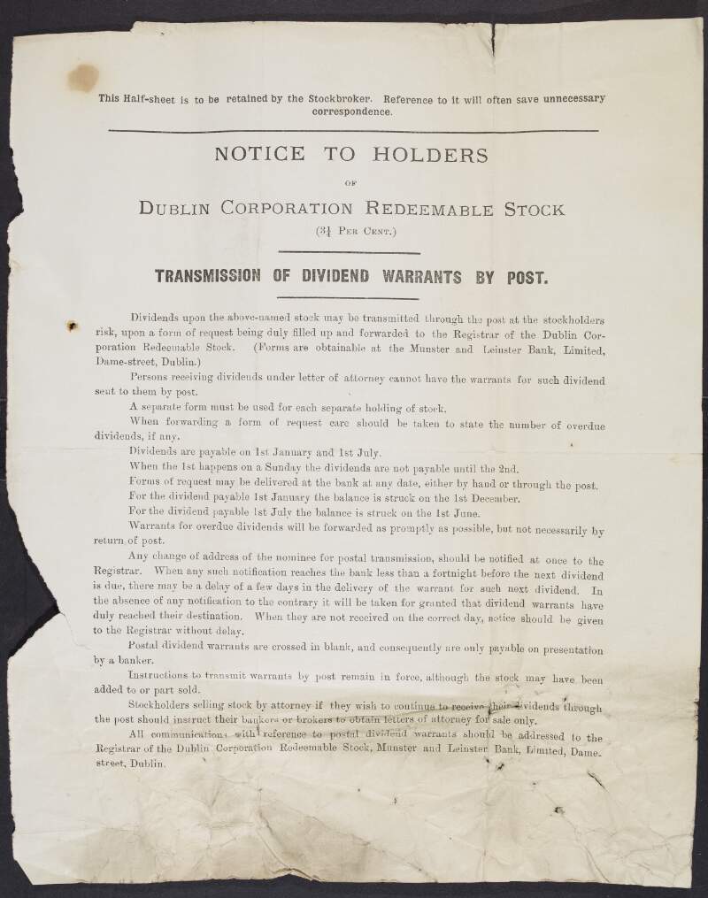 Notice to holders of Dublin Corporation Redeemable Stock,