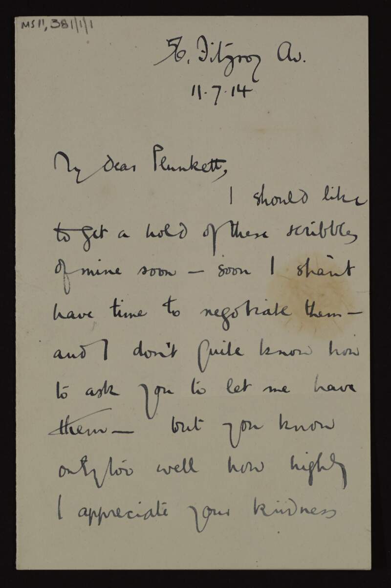 Letter from Peter McBrien to Joseph Mary Plunkett, asking for the return of his submitted poems and thanking him for any criticisms on them,