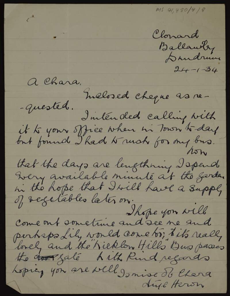 Letter from Áine Heron to Áine Ceannt enclosing a cheque and hoping she will visit soon,