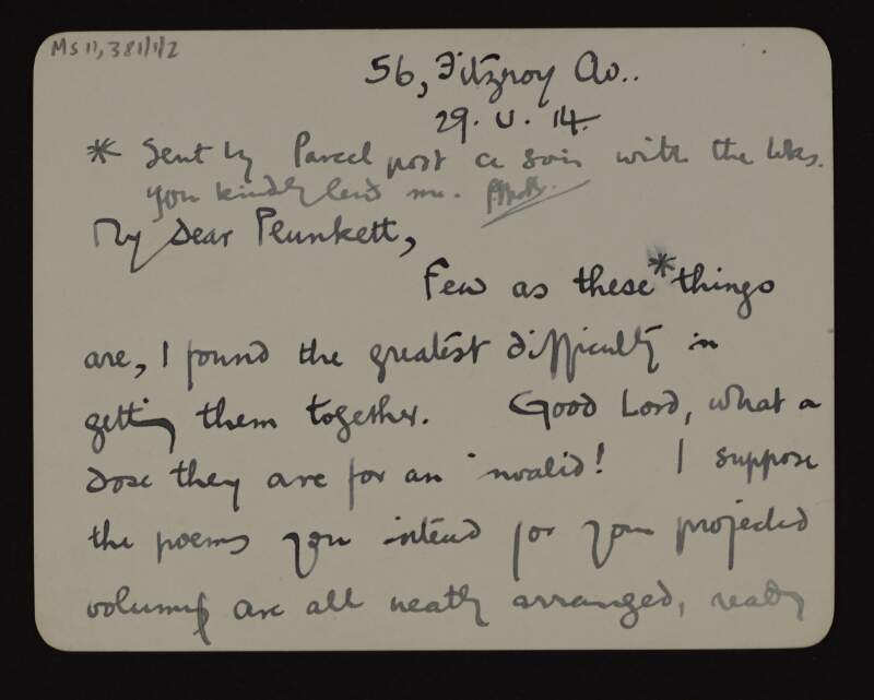 Lettercard from Peter McBrien to Joseph Mary Plunkett, telling him how he shall read his poems for his projected volume with all the care he can muster,
