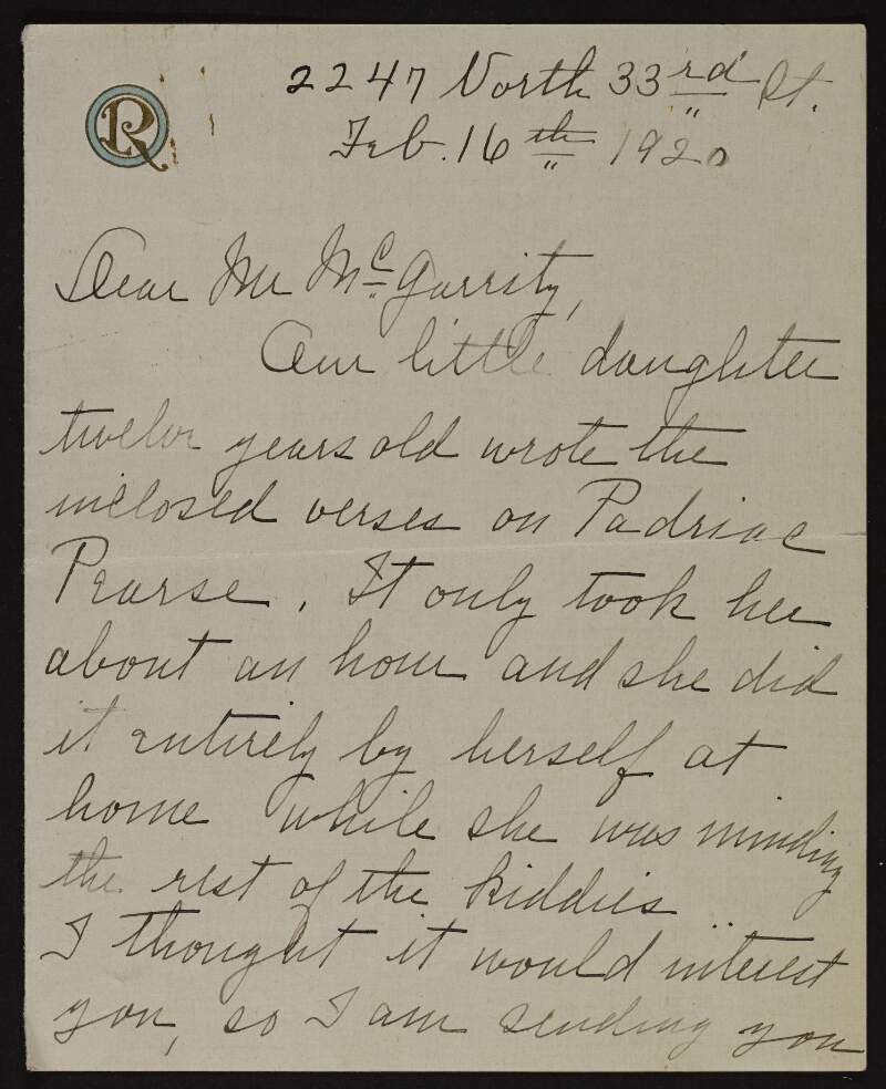 Letter from Regina Clark to Joseph McGarrity regarding a poem about Padraig Pearse written by Clark's daughter,