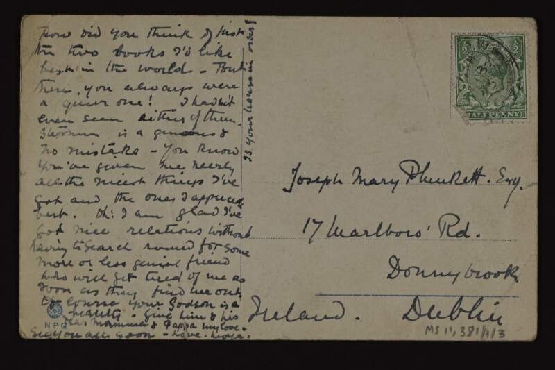 Postcard from Moya Plunkett to Joseph Mary Plunkett to thank him for two books he gave her, and saying how all the nicest possessions she has were given by him,