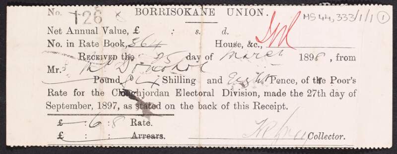 Receipt stubs for the payment of the 'Poor's Rate' for the Cloughjordan Electoral Division, by Joseph MacDonagh,