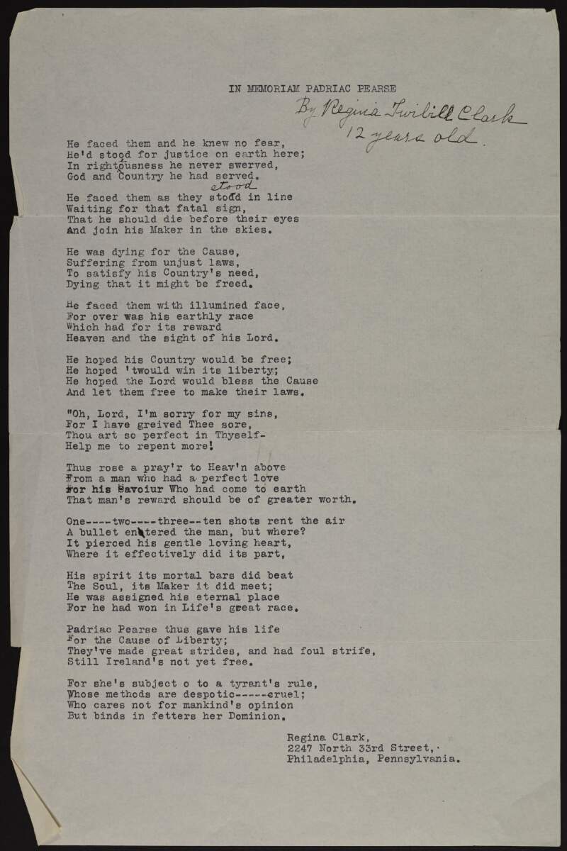 Poem by Regina Clark 'In Memoriam Padraic Pearse',