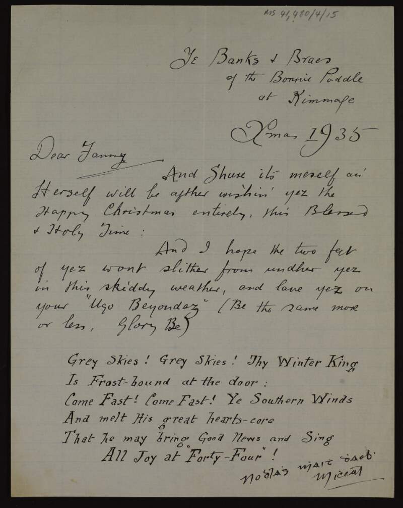 Humorous letter from Micéal [Michael Kent] to Fanny [Áine Ceannt] wishing her a happy Christmas,
