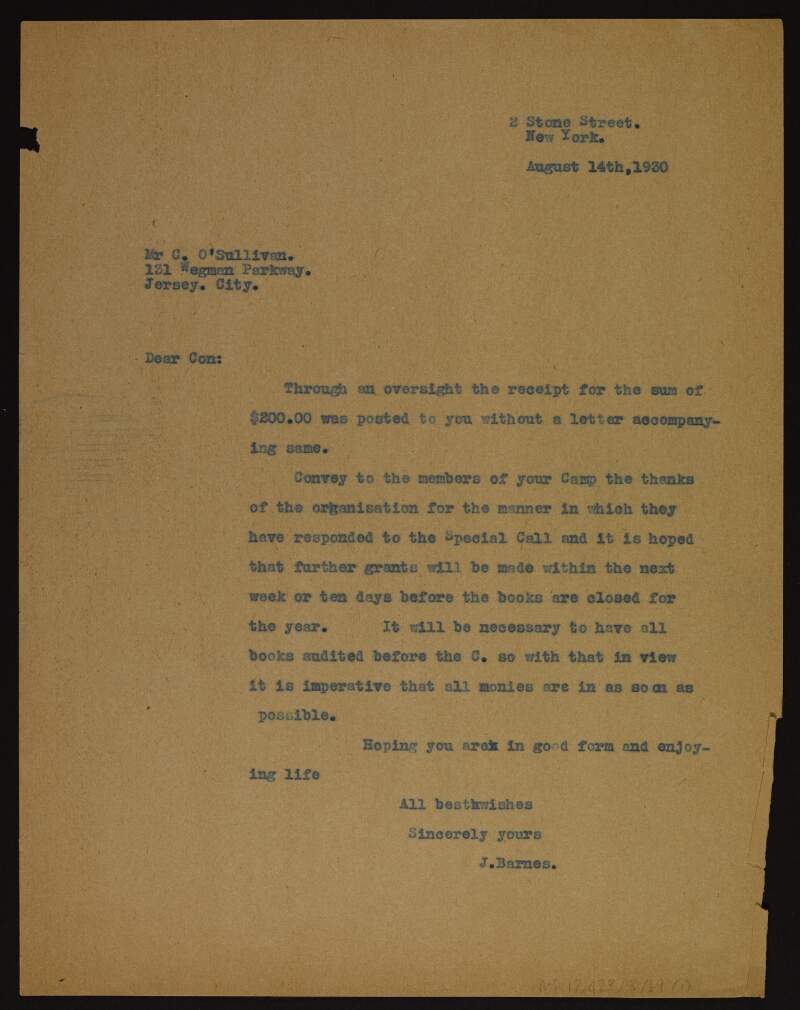 Letter from Joseph Barnes, New York, to Mr Con O'Sullivan, Jersey City, thanking him and the members of his camp for their contribution to the fundraiser, and enclosed account for District 12,