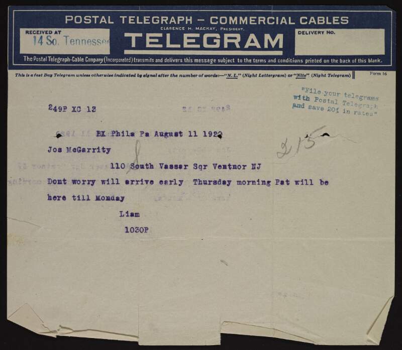 Telegram from Liam Pedlar to Joseph McGarrity "Dont worry will arrive early Thursday morning Pat will be here Monday",