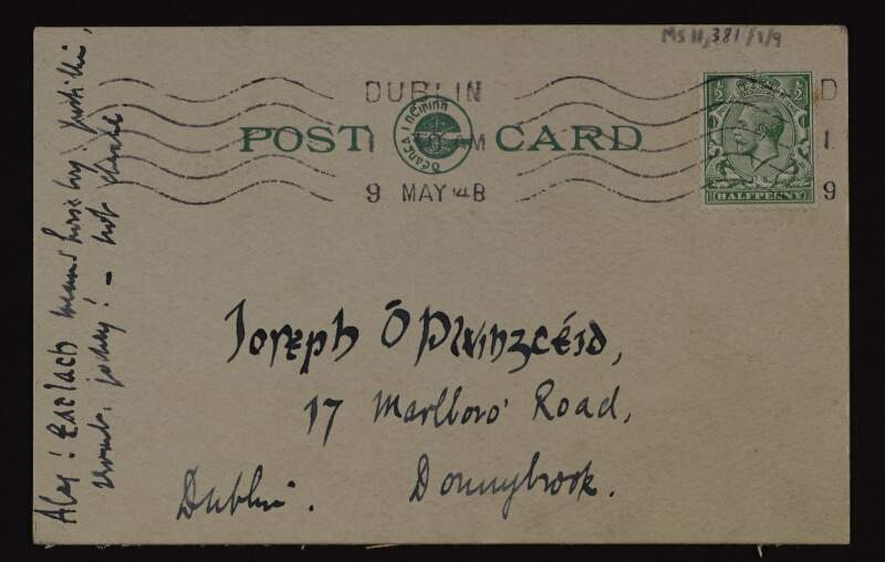 Postcard from Thomas MacDonagh to Joseph Mary Plunkett, with a list,