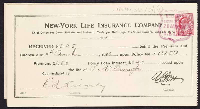 Payment receipts paid by Thomas MacDonagh to the New-York Life Insurance Company,