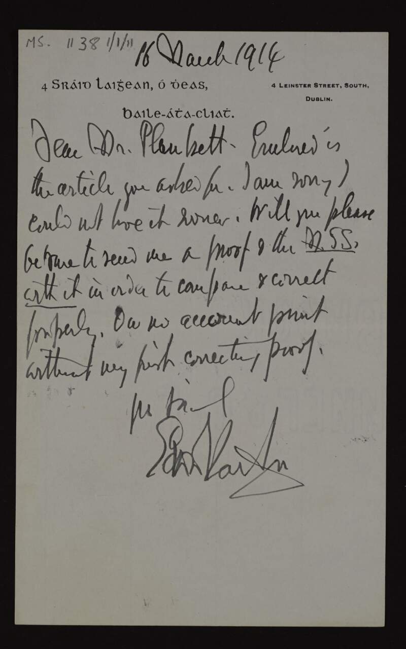 Letter from Edward Martyn to Joseph Mary Plunkett to say he has the article asked for,