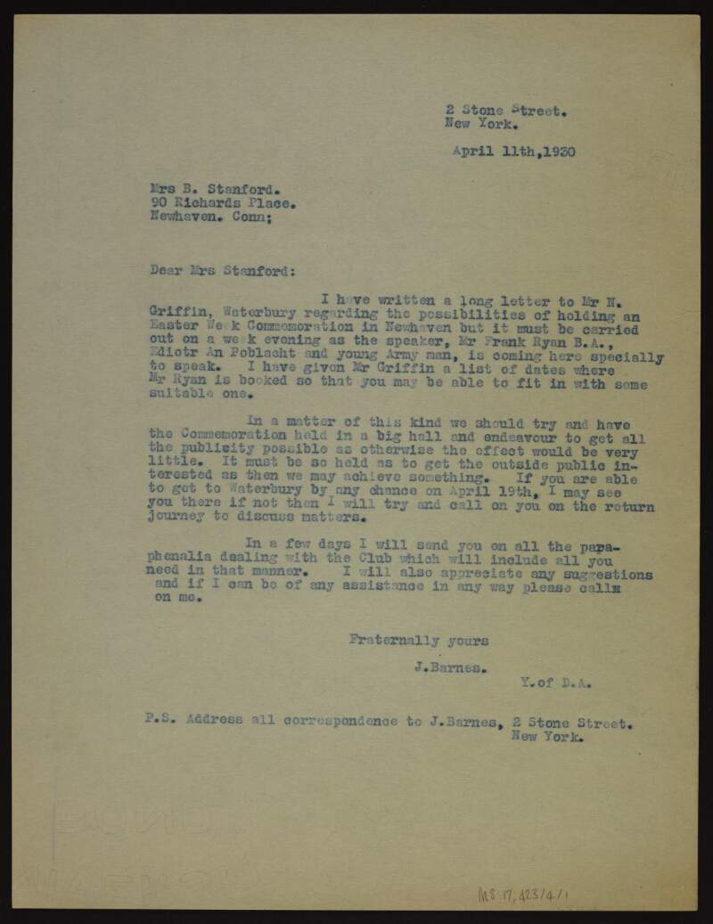 Letter from Joseph Barnes, New York, to Mrs B. Stanford, Newhaven, Connecticut, "regarding the possibilities of holding an Easter Week Commemoration in Newhaven" which would include Frank Ryan,