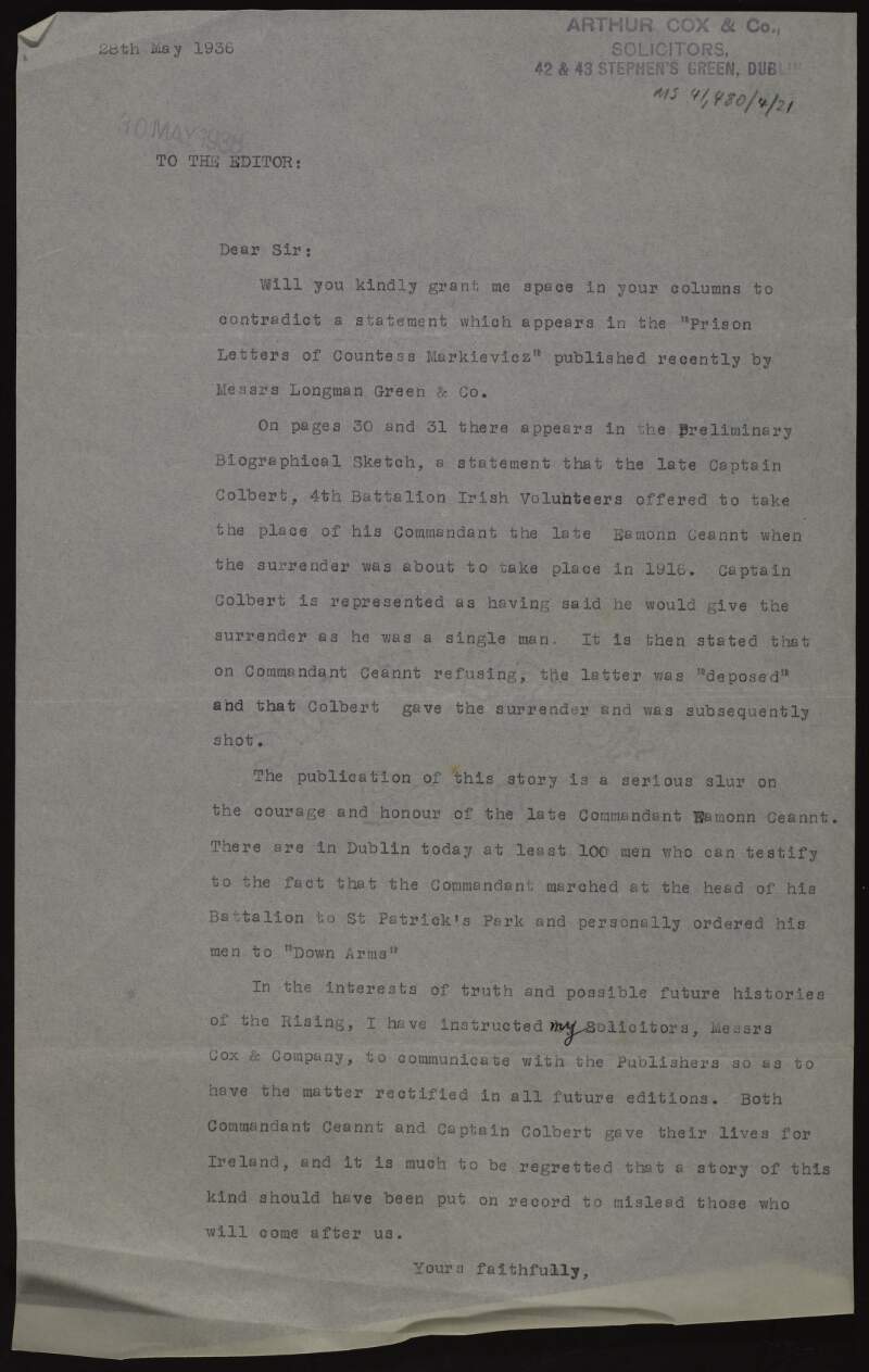 Draft letter by Áine Ceannt to the editor of an unidentified newspaper requesting space to contradict an account of the role of Éamonn Ceannt during the Easter Rising,