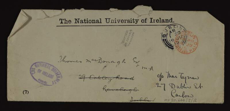 Envelope addressed to Thomas MacDonagh,