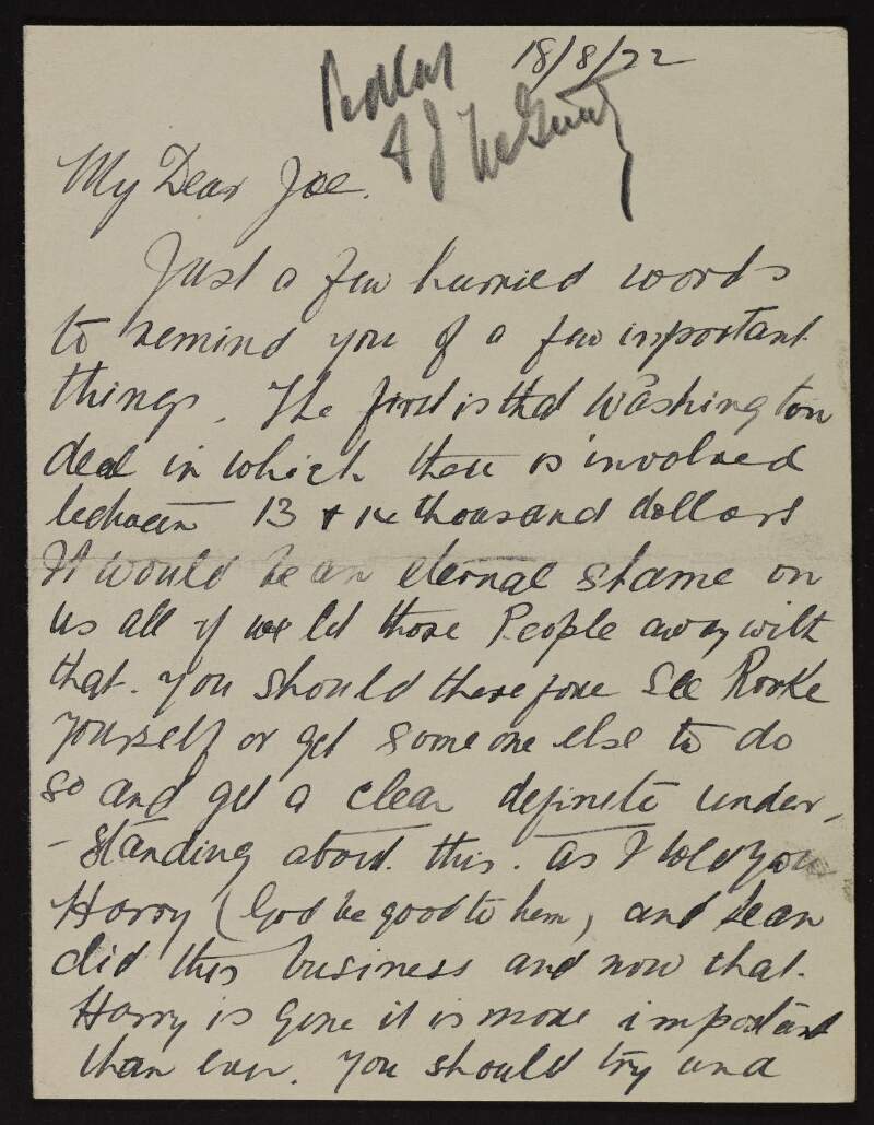 Letter from Liam Pedlar to Joseph McGarrity urging to keep the Washington deal in place after the death of Harry Boland,