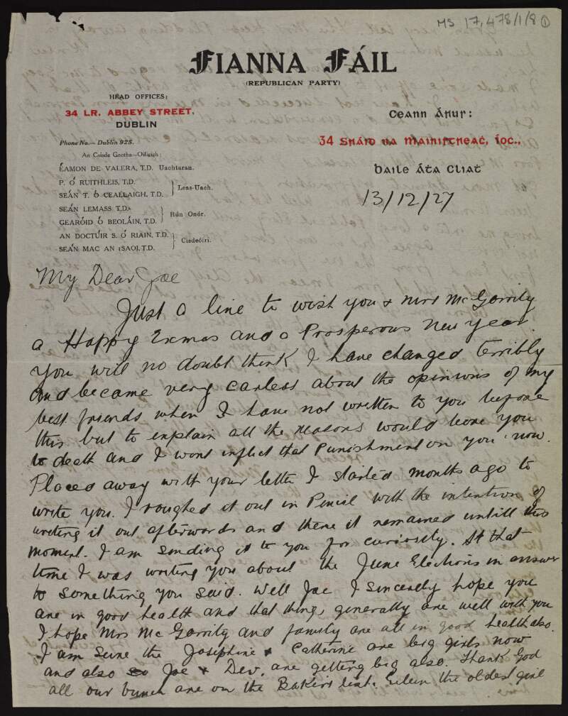 Letter from Liam Pedlar to Joseph McGarrity asking after the McGarrity family and updating McGarrity on the situation in Ireland,