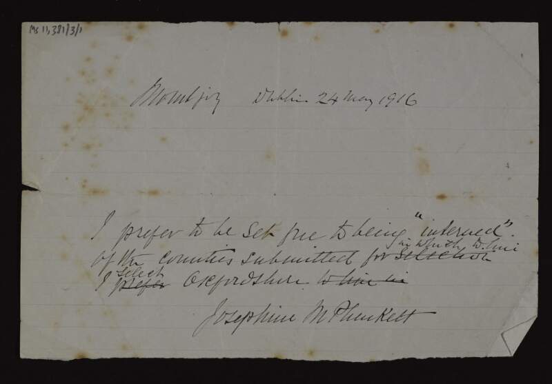 Note by Mary Josephine Plunkett, Countess Plunkett, from Mountjoy Prison, selecting Oxfordshire as her place of residence following release from imprisonment,