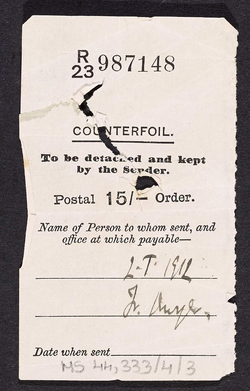 Counterfoil stub of a postal order sent from Thomas MacDonagh to Farther Augustine,