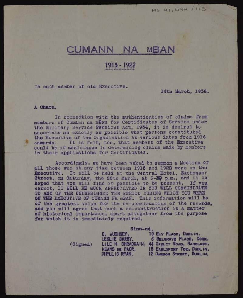 Letter from Cumann na mBan concerning military pensions for members of the executive,