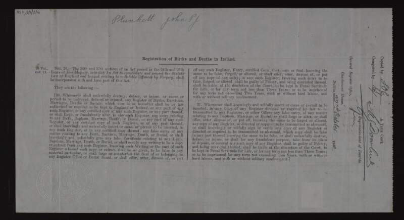 Copy of birth certificate of John "Jack" Plunkett,