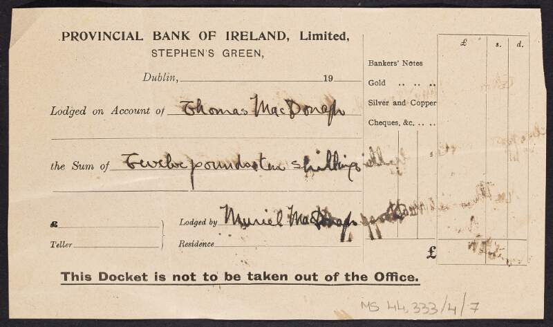 Lodgement made into Thomas MacDonagh's Bank of Ireland account by Muriel MacDonagh,