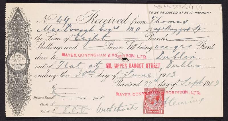 Rent receipts of £8 for 32 Upper Baggot Street, signed by Thomas MacDonagh to Mayes, Conyngham & Robinson, LTD.,