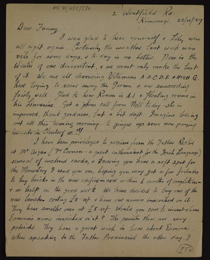 Letter from Miceál [Micheal Kent] to Fanny [Áine Ceannt] concerning work at Mount Argus Monastery, Dublin and a note he received from Éamonn Ceannt on the eve of the Easter Rising,