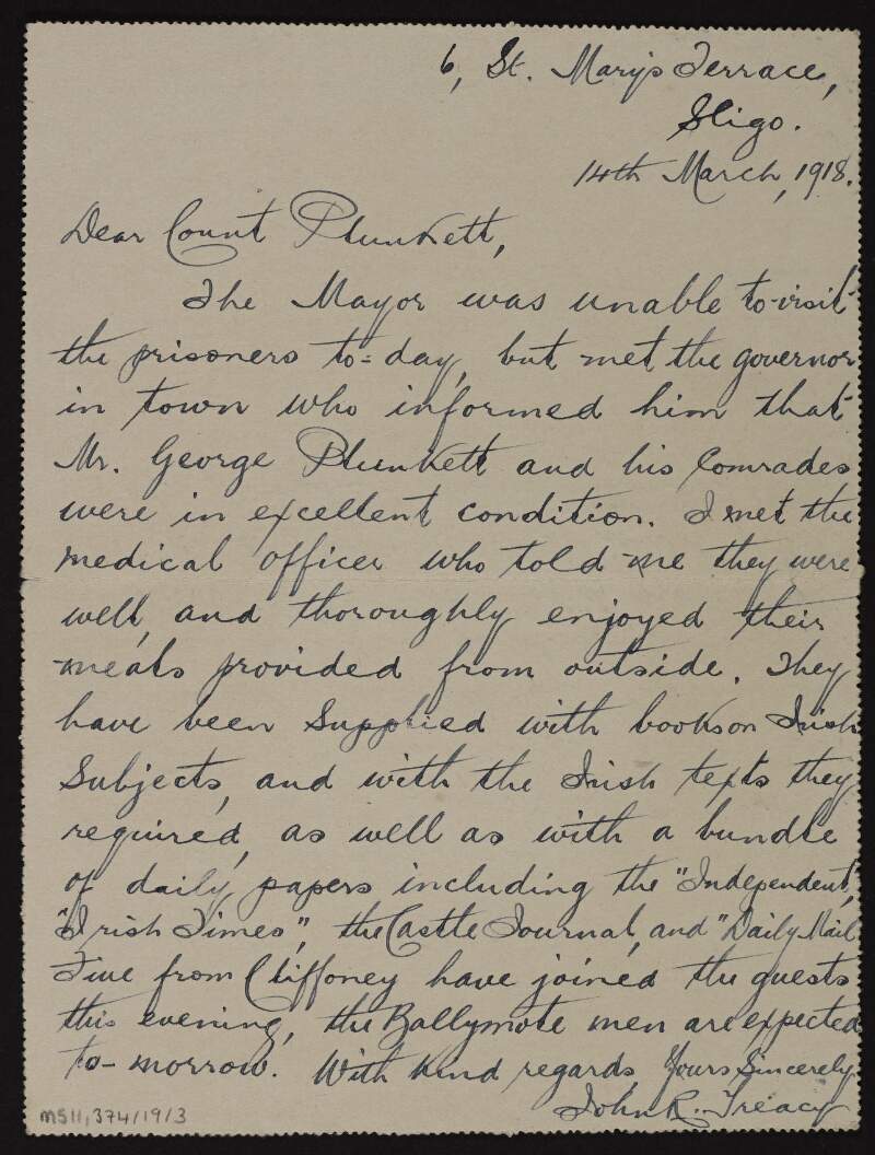 Letter card from John R. Treacy to George Noble Plunkett, Count Plunkett, about the condition of George Oliver Plunkett and his comrades in prison,