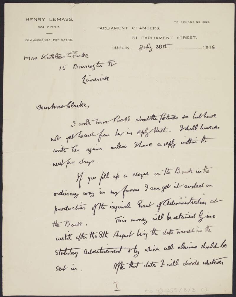 Letter from Henry Lemass to Kathleen Clarke regarding the payment of creditors of her husband's estate,
