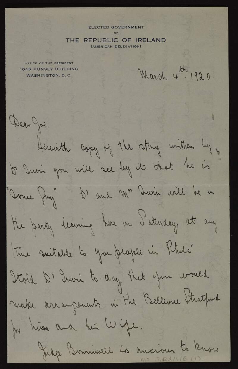 Letter from Harry Boland, New York, to Joseph McGarrity, Philadelphia, informing him that he is "growing more confident day by day in our success" and organising a meeting in Philadelphia,