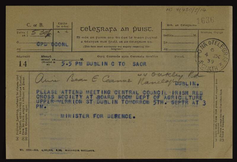 Telegram from the Minister for Defence [Frank Aiken] to Mrs [Áine] Éamonn Ceannt requesting her attendance at a meeting for the Central Council of the Irish Red Cross,