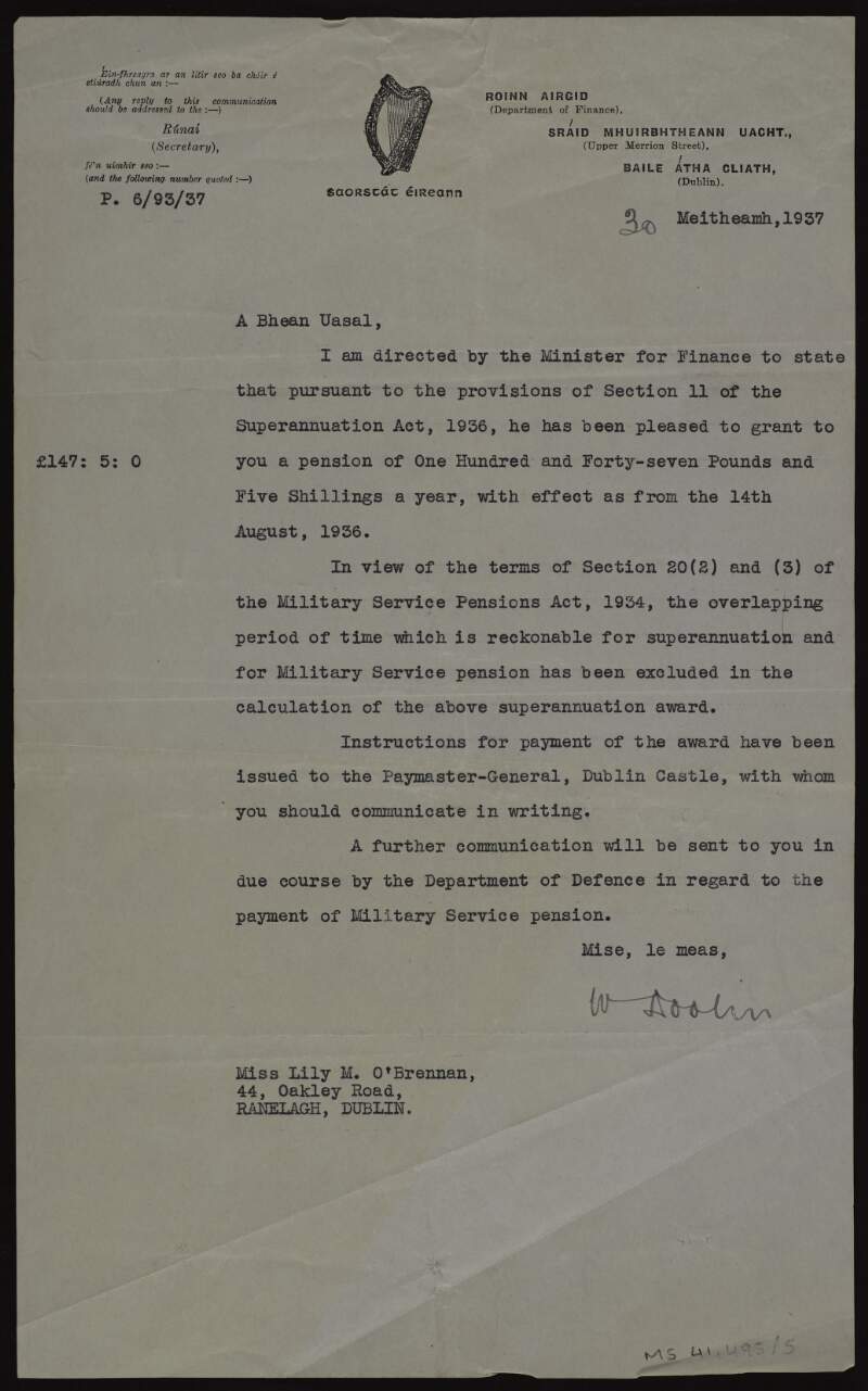 Letter from W. Doolin, Department of Finance, to Lily O'Brennan advising her on her military pension,