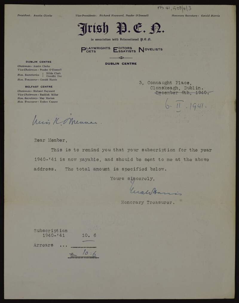 Letter to Kathleen O'Brennan from Gerald Harris, Irish P.E.N, reminding her that her subscription for the year 1940-'41 is payable,