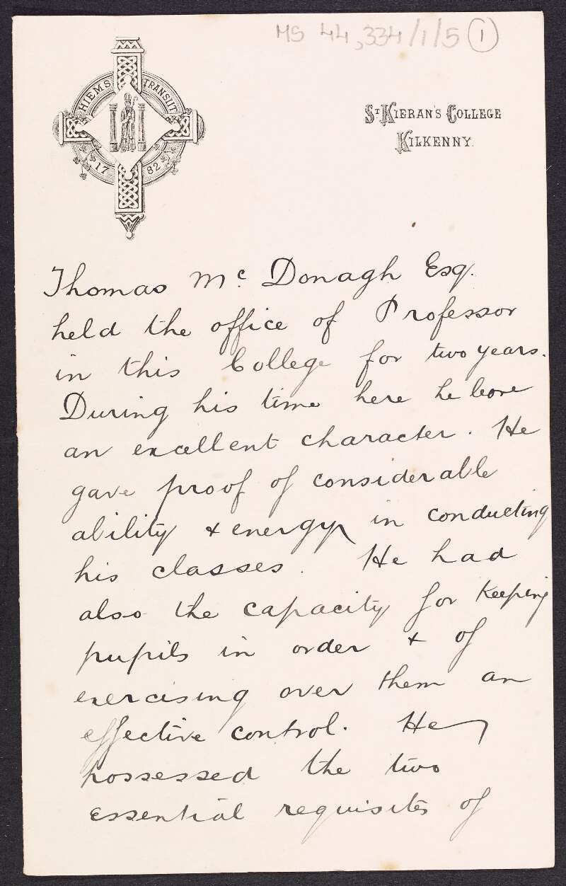 Testimonial of Thomas MacDonagh from Father John Doody, President of St. Kieran's College, Kilkenny,