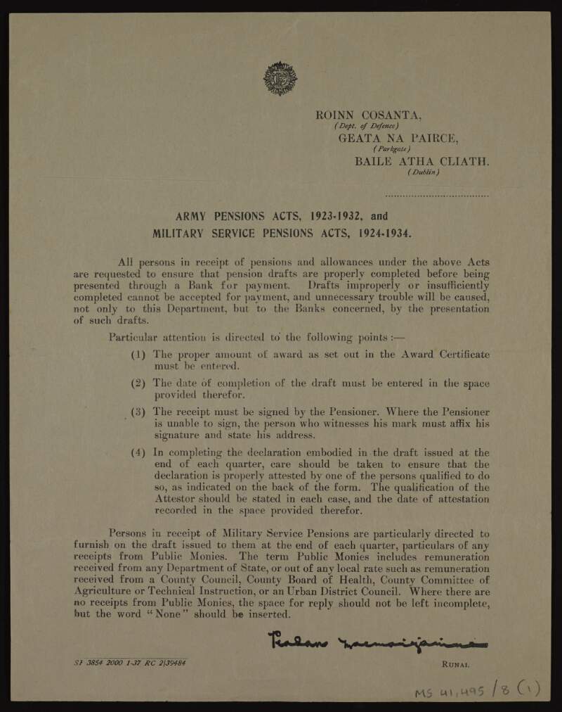 Notice concerning receipt of money under the Army Pensions Acts (1923-1932) and Military Service Pensions Acts (1924-1934),