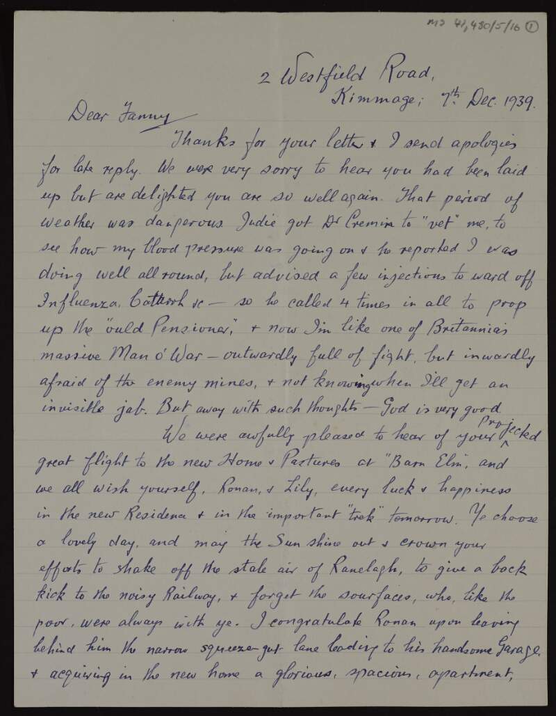 Letter from Miceál [Micheal Kent] to Fanny [Áine Ceannt]  wishing her, Lily and Rónán luck in their new home,
