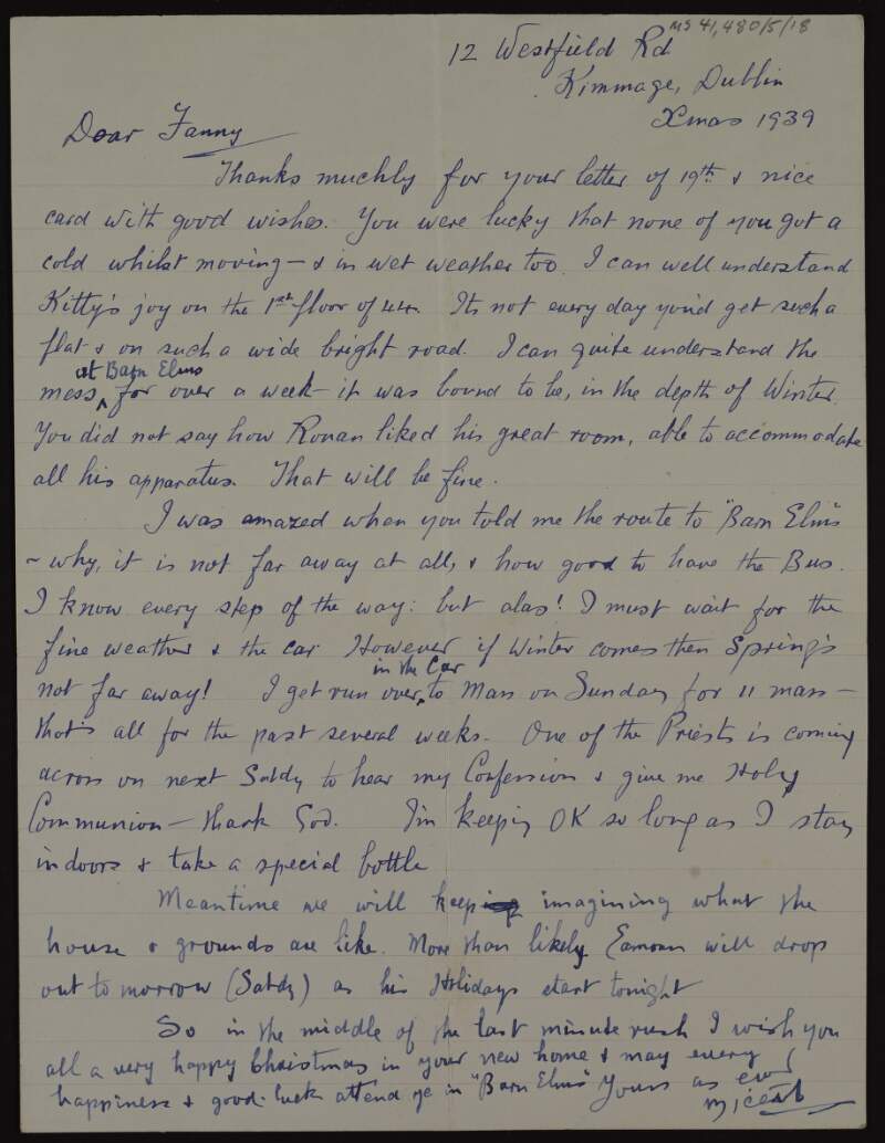 Letter from Miceál [Micheal Kent] to Fanny [Áine Ceannt]  wishing her a happy Christmas in her new home and remarking on Kitty's [Kathleen O'Brennan] joy on the first floor of 44 [Oakley Road, Ranelagh],
