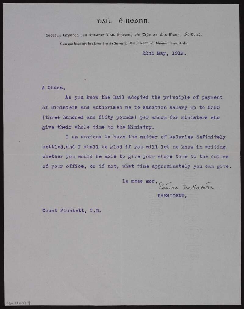 Letter from Éamon De Valera to George Noble Plunkett, Count Plunkett, on the subject of ministers' salaries and working hours,