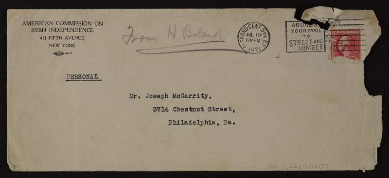 Letter from Harry Boland, New York, to Joseph McGarrity, Philadelphia, regarding the negative portrait of Irish affairs the American Consul in Dublin gave the representative of the Minister of Trade Mr. Moore,