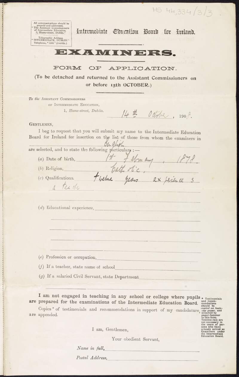 Form of application for the position of examiner with the Intermediate Education Board for Ireland, partially completed by Thomas MacDonagh,