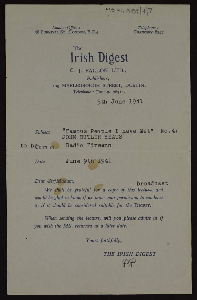 Letter to [Kathleen O'Brennan] from 'The Irish Digest' seeking a copy of her 'Famous people I have met' broadcast on John Butler Yeats for possible publication,