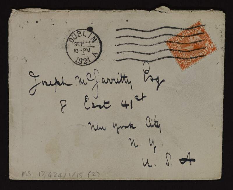 Letter from Harry Boland, Dublin, to Joseph McGarrity, New York, expressing his joy to be back in Ireland and thanking him for his "unselfish devotion and untiring labours in belief of the Republic",