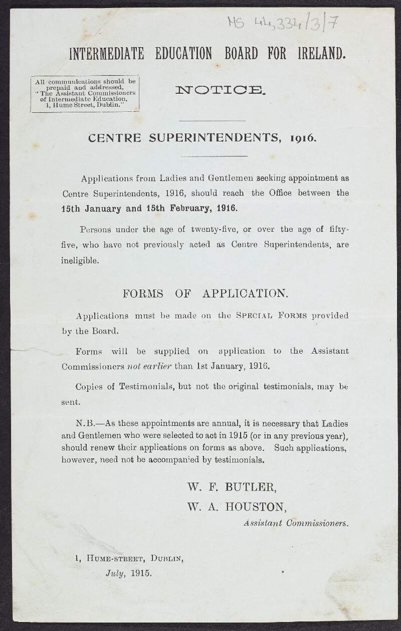 Notice for the "Ladies and Gentlemen" wishing to apply for the position as Centre Superintendents under the Intermediate Education Board for Ireland,