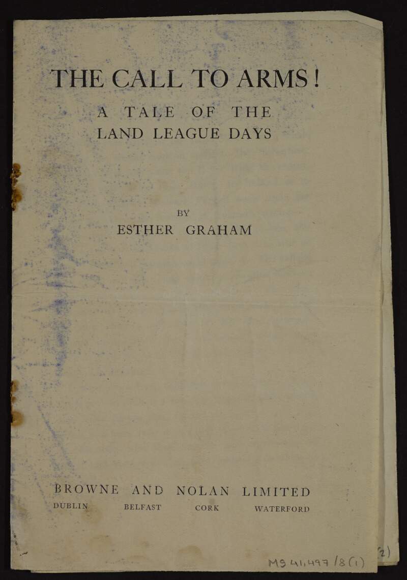 Title page, foreword, table of contents, dramatis personae and flyleaf of novel 'The call to arms',