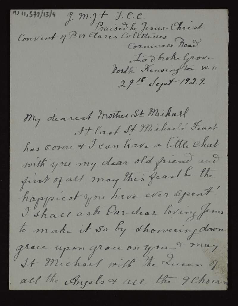 Letter from Sister Mary Madeleine Francis of Jesus to Sister Michael regarding the date of St Michael's Feast day, and mentioning mutual acquaintances and the death of "Aunt Kate",