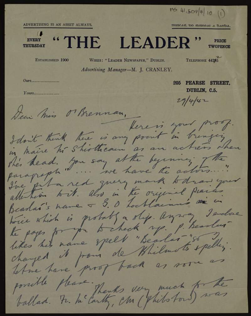 Letter to Kathleen O'Brennan from 'The Leader' enclosing comments on an incomplete proof of an article by O'Brennan,
