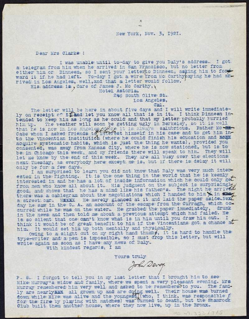 Letter from John Devoy to Kathleen Clarke regarding Daly Clarke's interest in fighting,