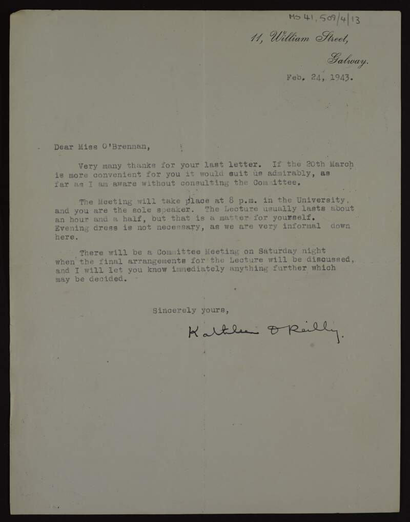Letter to Kathleen O'Brennan from Kathleen O'Reilly about arrangements for Kathleen O'Brennan's proposed lecture in University College Galway [on the 20th of March],