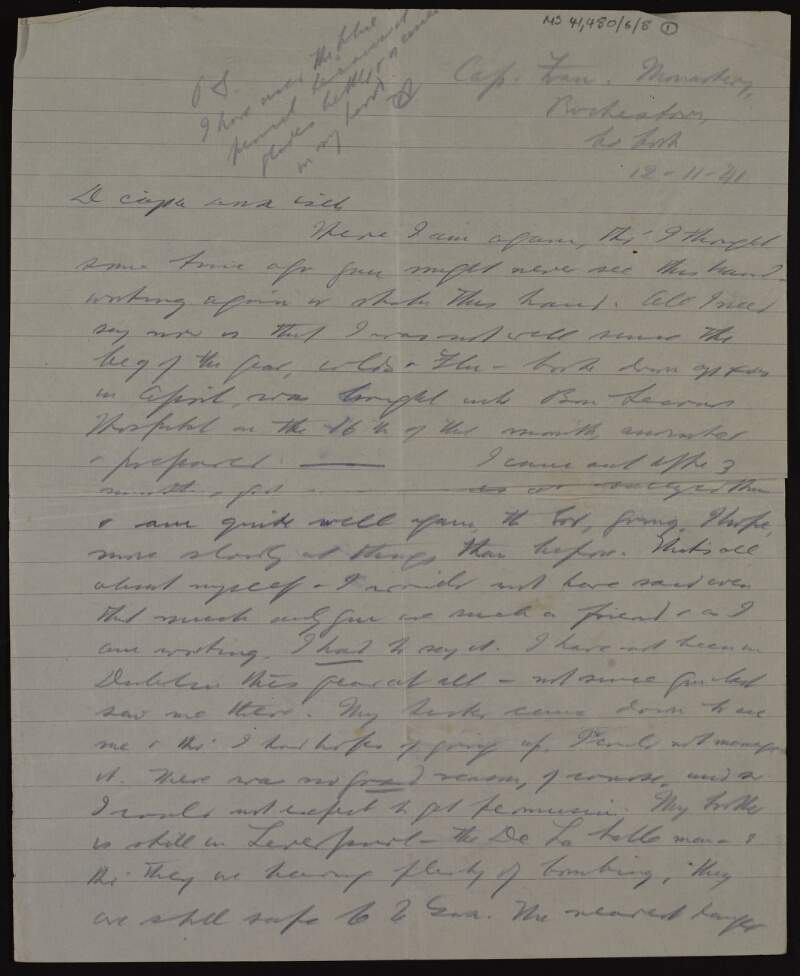 Letter from Father Augustine to Áine Ceannt regarding his health, his brother and the bombings in Liverpool and his friend Máire Cotter,