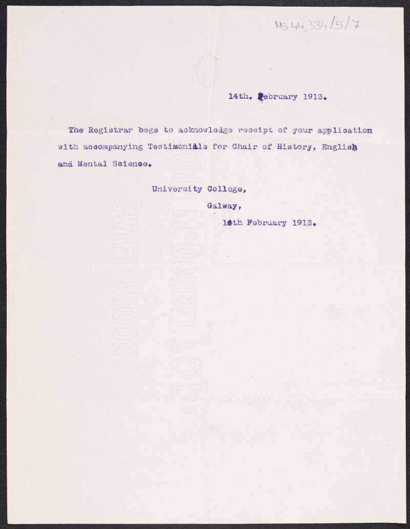 Letter of acknowledgement of Thomas MacDonagh's application, from University College Galway,